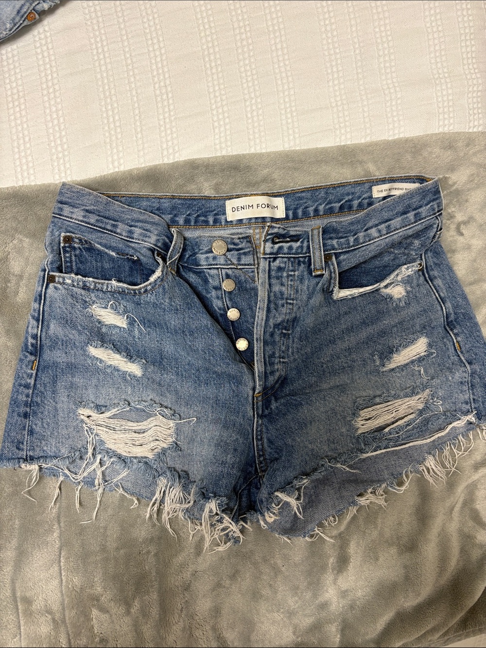 Denim Forum Light Blue Distressed High-Rise Jean Shorts